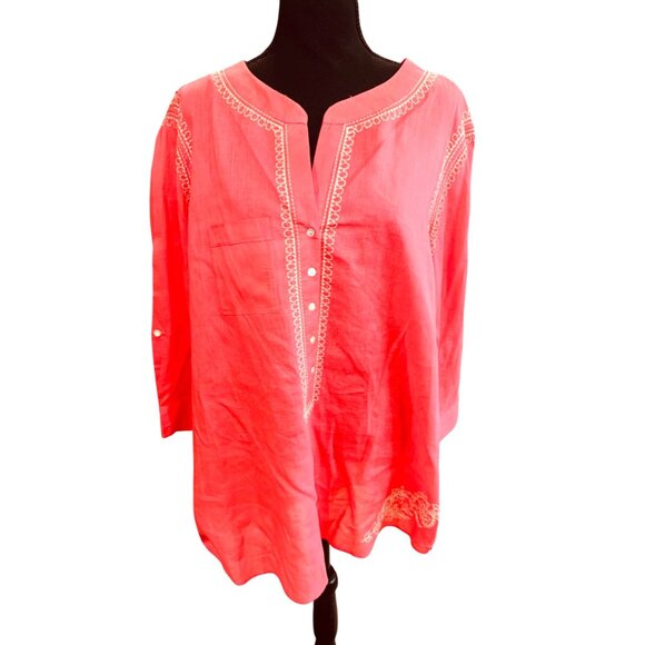 Intro Coral Embroidered Tunic Top Casual Elegance L 100% Cotton Resort Travel - Picture 1 of 11